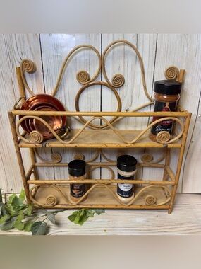 Vtg Rattan Bamboo Shelf Spice Rack Two Tier Coastal Wicker Boho scrolls cottage